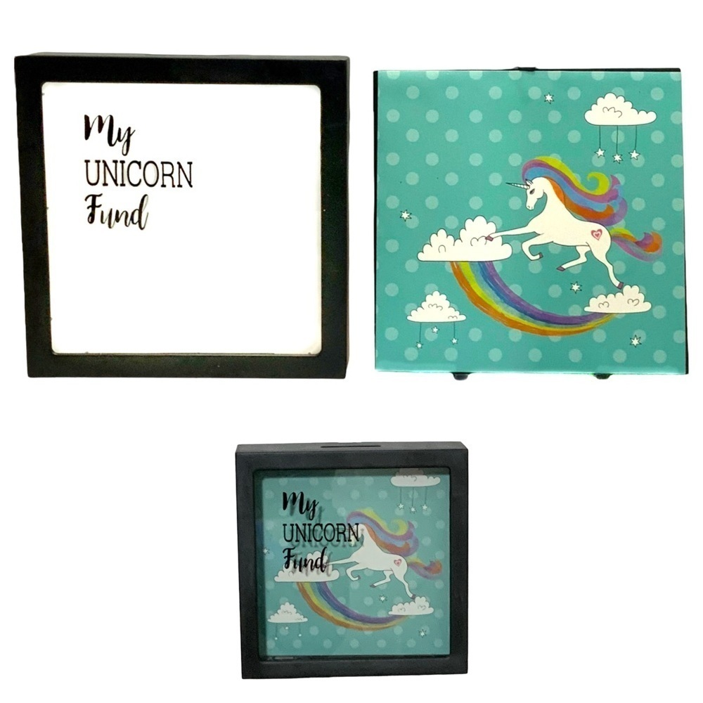 Unicorn Piggy Bank Clear View Front Rainbow Polka Dots Square 6 in x 6 in